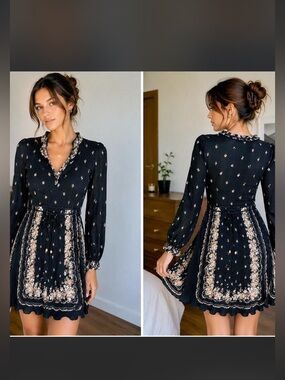 Jo Hanna York Black Floral Boho Mini Dress Long Sleeve Tie Waist